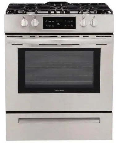 Frigidaire  FFGH3051VS 30 Inch Front Control Gas Range 4 Sealed Burners, 5 cu. ft. Oven Capacity, Quick Boil Burner, Digital Clock, Timer, Cast Iron Grates, Store-More™ Drawer, Steam Cleaning, Even Baking Technology, ADA, New Open Box 369649